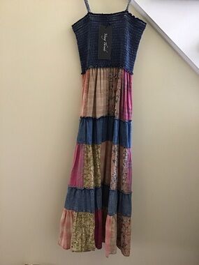 YOUNG THREADS NWT DRESS Maxi Ruched Denim Plaid Size Small